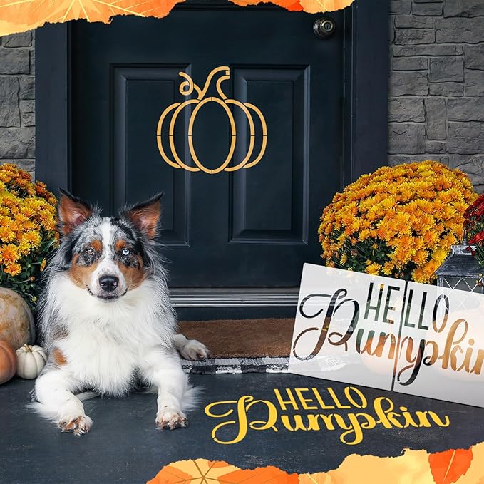 14 Pieces Fall Pumpkin Stencils for Doormat Painting Hello Pumpkin Welcome Maple Leaf Word Stencils Kit for Craft Thanksgiving Reusable Polyester Film Template with Open Ring for DIY Decor