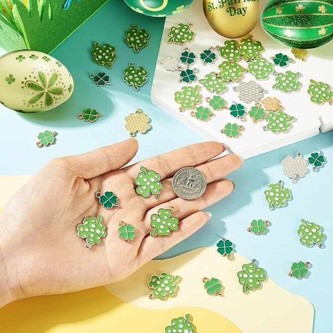 Cheriswelry 60Pcs Green Clover Charms Shamrock Four Leaf Lucky Pendants St. Patrick's Day Enamel Alloy Pendants 18-26mm for DIY Necklace Bracelet Earring Jewelry Crafts