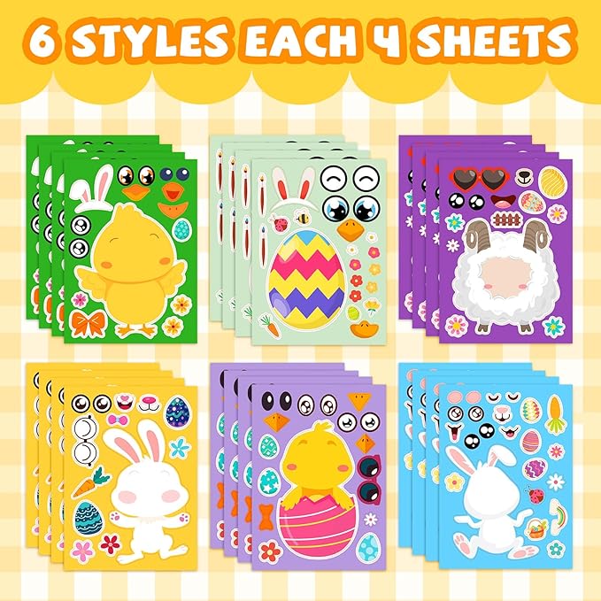 24 sheets easter make a face stickers for kids, easter basket stuffers goodie treat bag fillers activities party favor supplies crafts