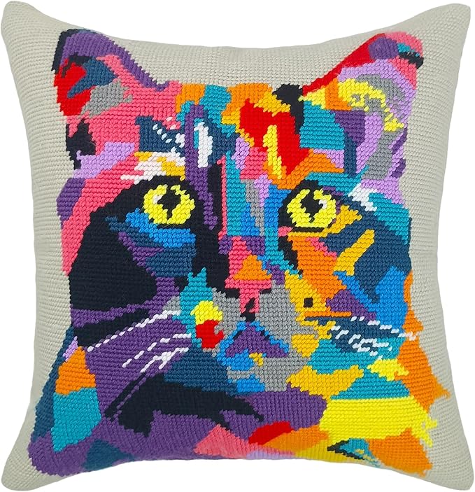 Howie's Needlepoint Needlepoint Kits for Adults Beginners, Furbish Cat Needlepoint Pillow Front Kit with Stamped Pattern on Canvas, Yarn, 2 Needles and Instruction, 16 x 16inch(Pop Art Cat)