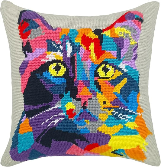 Howie's Needlepoint Needlepoint Kits for Adults Beginners, Furbish Cat Needlepoint Pillow Front Kit with Stamped Pattern on Canvas, Yarn, 2 Needles and Instruction, 16 x 16inch(Pop Art Cat)