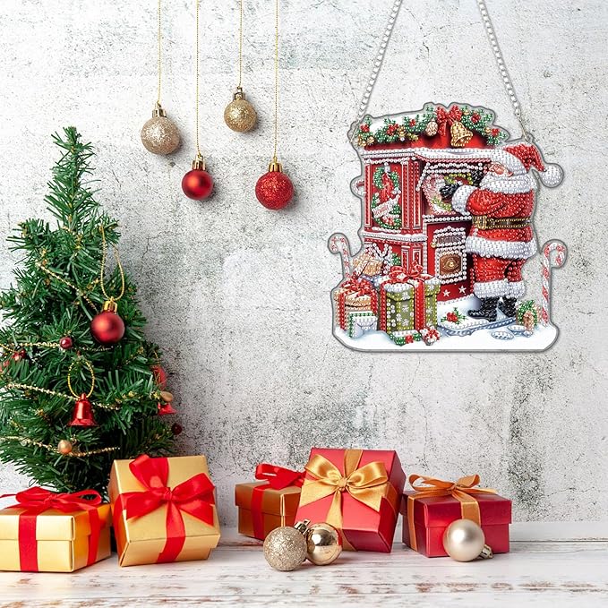 DOMROM Santa Diamond Art Hanging Kits for Adults Beginners, Christmas Special Shaped Crystal Diamond Painting Santa Pendant, DIY Diamond Art Suncatchers for Home Garden Wall Decor Gift