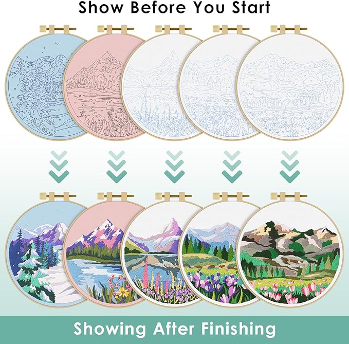 ERKOON Embroidery Kit for Beginners, 5 Sets Flower Cross Stitch Set for Adults Include Embroidery Cloth Hoops Threads for Craft Lover Hand Stitch with Skill Techniques (Landscape)