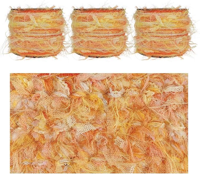 Artisanal Yarn Collection Multifiber Fancy Yarn for Knitting Crocheting Crafts DIY, Set of 3 Rolls (Orange)