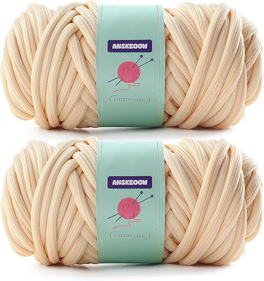 Chunky Yarn for Hand Knitting & Crocheting, Soft Bulky Yarn for Making Blankets, Bags, Baskets, Pillows, Pet Nests (2 Skeins Beige, 1.1lb/500g, 64yards/58m)