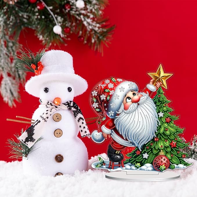 VODAPYC Christmas Gnome Diamond Art Tabletop, DIY Stand Up Double Sided Special Shaped Diamond Art Desktop Ornaments for Home Decor(Santa Christmas Tree)