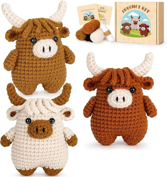 fortuning's jds crochet kit for beginners - crochet highland cow beginner crochet kit for adults, complete scottish cow crochet animal kits, easy crocheting knitting starter kits gifts