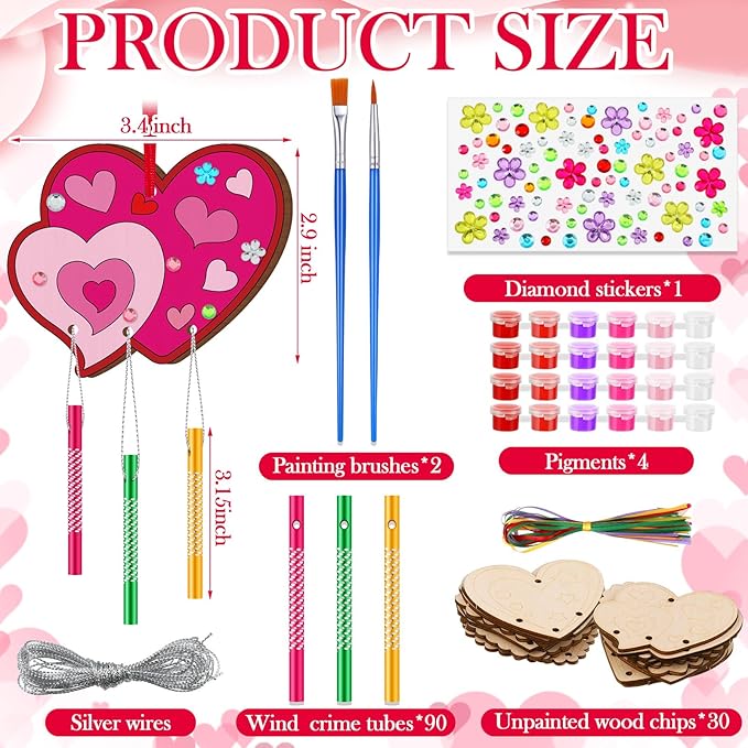 JellyArch 30 Pack Mother's Day Heart Wind Chime Making Kit for Adults Make Your Own Wind Chime DIY Wooden Ornaments Crafts for Activity Birthday Decoration