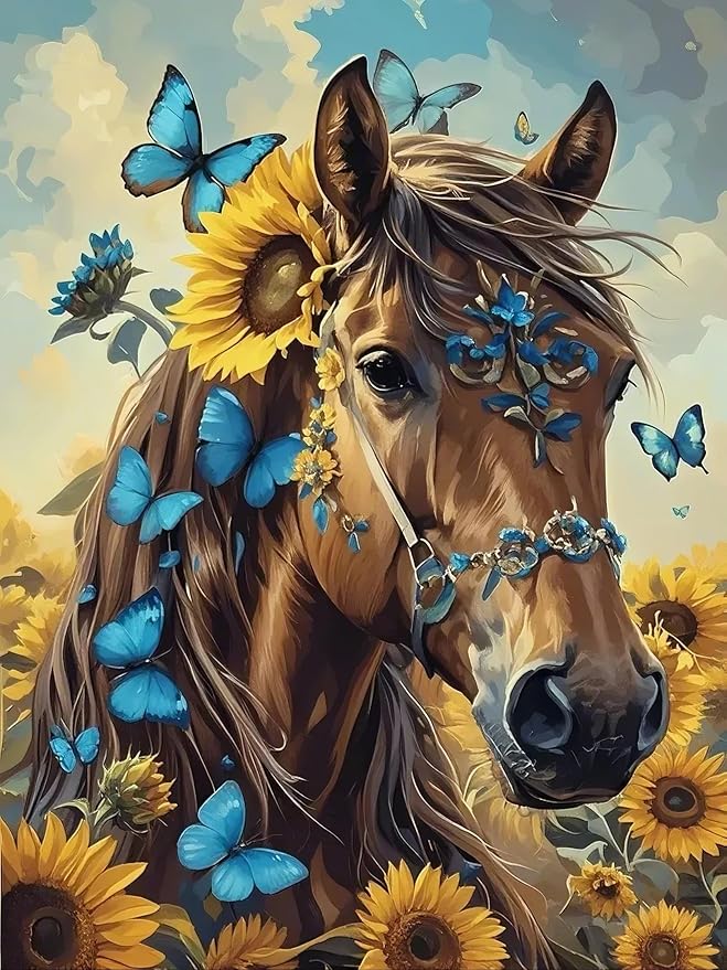 askkqtx Horse Diamond Art Kits for Adults, Butterfly Sunflowers Diamond Painting Kits for Beginnners, DIY 5D Full Drill Crystal Rhinestone Gem Art Craft Kits for Home Wall Decor 12X16 Inch