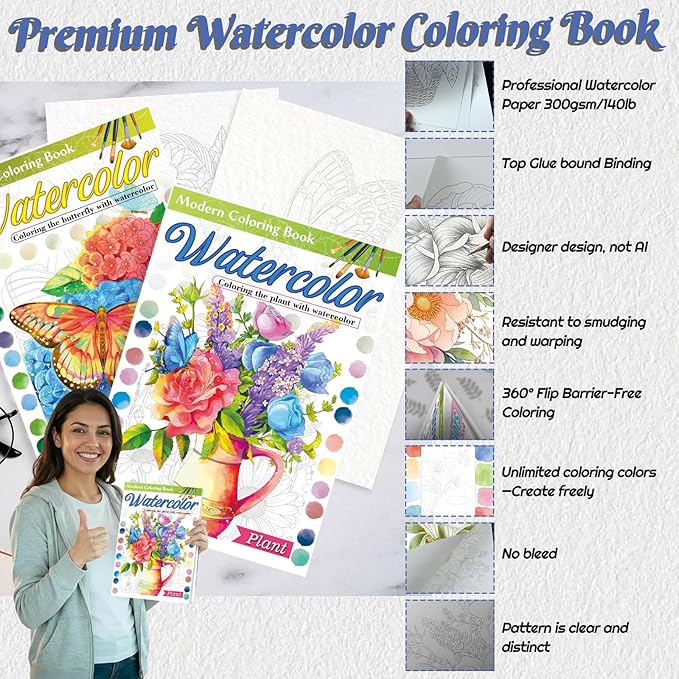 2Pcs Adults Water Coloring Book: 24 Advanced Exquisite Patterns – 100% Cotton 300gsm Paper, A4 Size – for Beginners & Professionals to Enhance & Consolidate Watercolor Techniques (Plant & Butterfly)