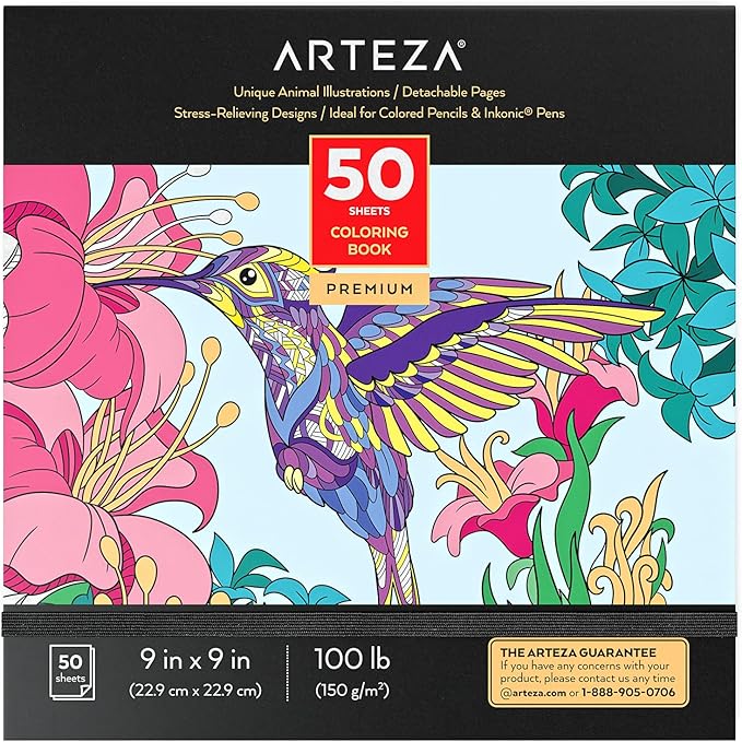 ARTEZA Adult Coloring Book, Animal Designs, 9x9 Inches, Stress-Relieving Coloring Pages with 50 One-Sided Images, 100 lb Paper