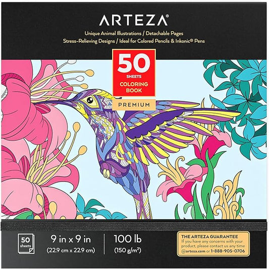 ARTEZA Adult Coloring Book, Animal Designs, 9x9 Inches, Stress-Relieving Coloring Pages with 50 One-Sided Images, 100 lb Paper