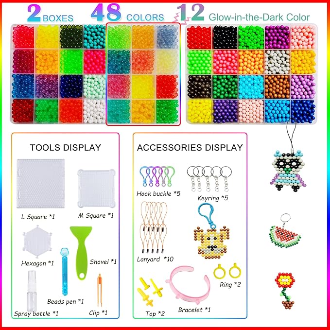 Non-Iron Fuse Beads Kit - 48 Vibrant Colors - 4960 Beads with 12 Glow-in-Dark Arts and Crafts Bundle