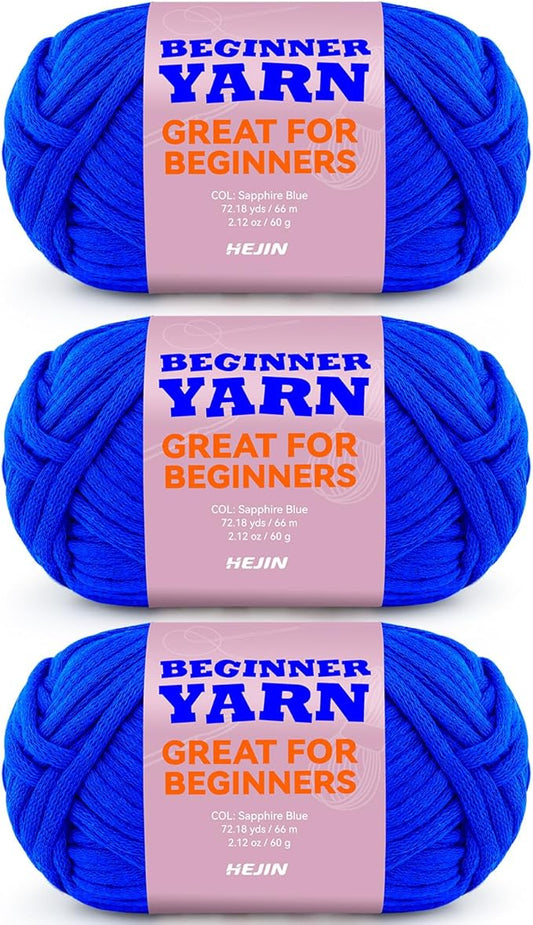 3x60g Diamond Blue Yarn for Crocheting and Knitting;3x66m (72yds) Cotton Yarn for Beginners with Easy-to-See Stitches;Worsted-Weight Medium #4;Cotton-Nylon Blend Yarn for Beginners Crochet Kit Making