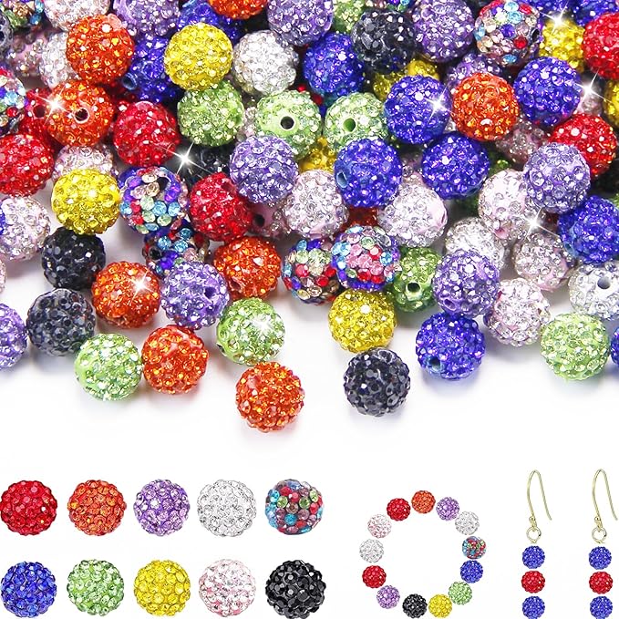 200 Pcs 10mm Rhinestone Beads for Jewelry Making, Rainbow Shiny Round Shamballa Disco Baseball Necklace Beads Sparkle Crystal Clay Pave Rhinestones Bead for Bracelet Earring Keychain Making Supplies