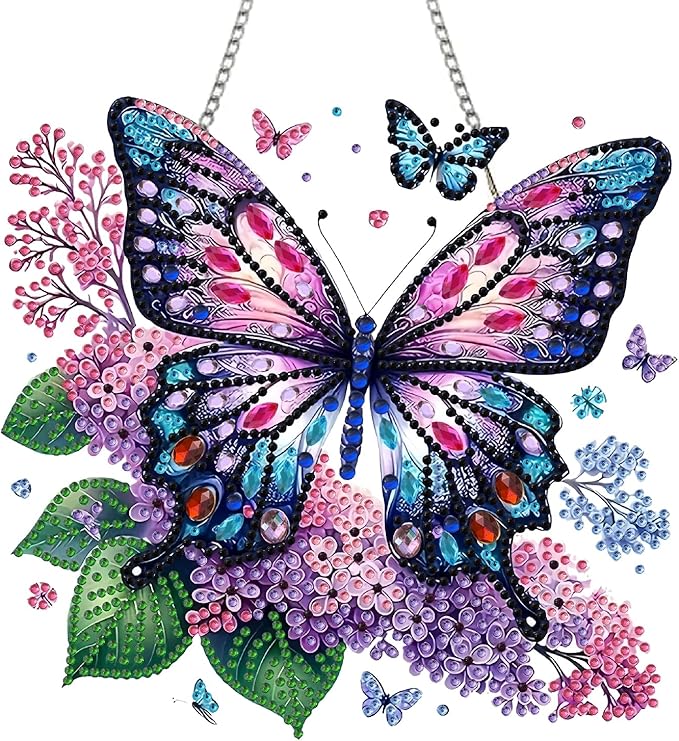 STGLCR Butterfly Diamond Art Hanging Kit for Adult,Special Shaped DIY Acrylic 5D Flowers Diamond Art Painting Window Pendants Home Garden Wall Hanging Kits Hanging Ornament 7.8inch Purple Foral