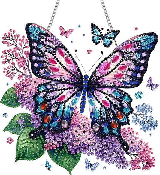 STGLCR Butterfly Diamond Art Hanging Kit for Adult,Special Shaped DIY Acrylic 5D Flowers Diamond Art Painting Window Pendants Home Garden Wall Hanging Kits Hanging Ornament 7.8inch Purple Foral
