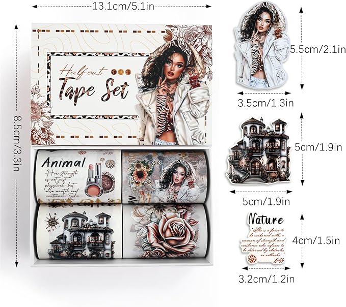 Dizdkizd Washi Tape Set, 4 Pre-Cut Animal Print PET & Washi Tapes Stickers with Diverse Sexy Women, Flowers, Adult Journaling Supplies for Collage Scrapbooks Craft Project
