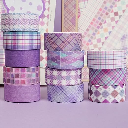 YUBX Basic Grid Washi Tape Set 12 Rolls Plaid Decorative Masking Tapes for Arts, DIY Crafts, Journals, Planners, Scrapbook, Wrapping (Purple)