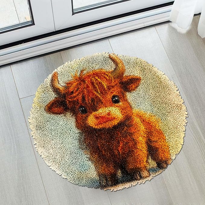 Latch Hook Rug Kit Cute Highland Cow Baby Stamped Handmade Round Shape Carpet Crochet Yarn Craft DIY Hook and Latch Door Mat Tapestry for Christmas Home Floor Decor 20x20inch(10)
