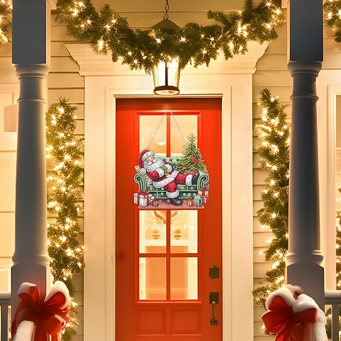 DIY Acrylic Diamond Art Painting Wreath Kits Special Shaped Rhinestone 5D Diamond Art Window Pendants Home Garden Wall Hanging Kits Hanging Ornament (Sleepy Santa Claus)