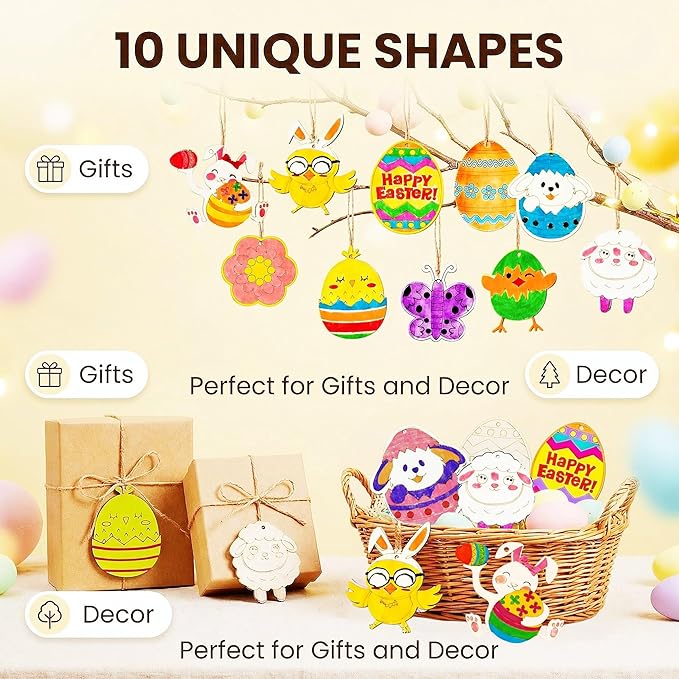 Yodeeni 40Pcs Easter Crafts for Kids, Unfinished Wooden Ornaments DIY Crafts Painting Kit for Kids Ages 4-8 8-12 Easter Activities Party Favors Supplies Hanging Decorations Gifts Basket Stuffers