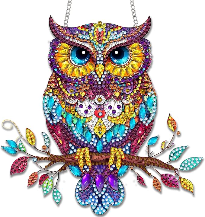 Reofrey Hanging Diamond Art Kits for Adults - 8x8 Inch Owl Animal Acrylic Board Double Sided Pattern Diamond Painting Suncatcher Pendant, Crystal Art for Home Wall or Window Decoration Handmade Gift