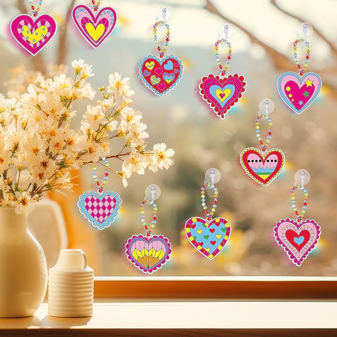 Sonwyoung 30 Sets Valentine's Day Suncatchers Craft Kits, DIY Heart Glow in The Dark Suncatcher Kits Stained Glass Window Paint Art for Valentines Activities Art and Craft Party Favors