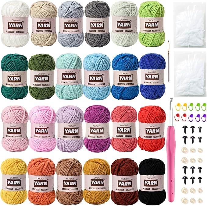 24 Pack Chenille Velvet Yarn - Baby Yarn for Crocheting Soft - Amigurumi Yarns Set with 1200g(1574yd) Crochet Yarns Crochet Hook、Stitch Markers、Fluffy Stuffing、Accessories