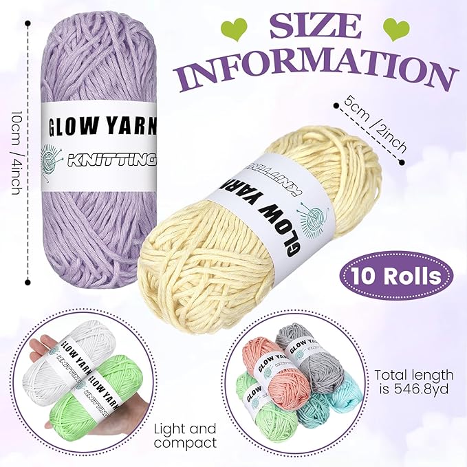 WILLBOND 10 Rolls Glow in The Dark Magic Yarn Luminous Neon Crochet Yarn for Crocheting DIY Knitting Glow Fingering Sewing Supplies for Crafts Sewing Party 54.7 yd Per Roll (Fresh Colors)