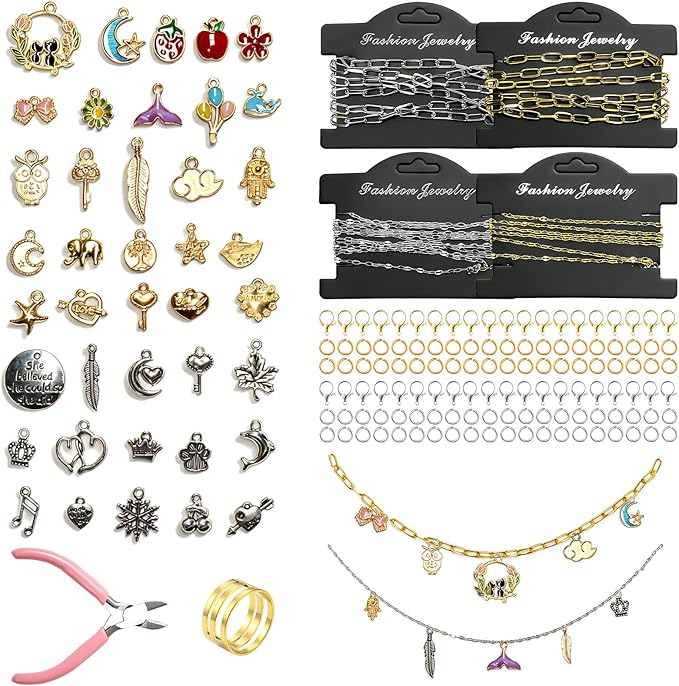 18K Gold Silver Necklace Chains for Jewelry Making Kit - 20FT 4 Rolls DIY Bracelet Chains with Mixed Color Charms, Jump Rings, Lobster Clasps, Pliers and Accessories for DIY Jewelry Crafting Gifts
