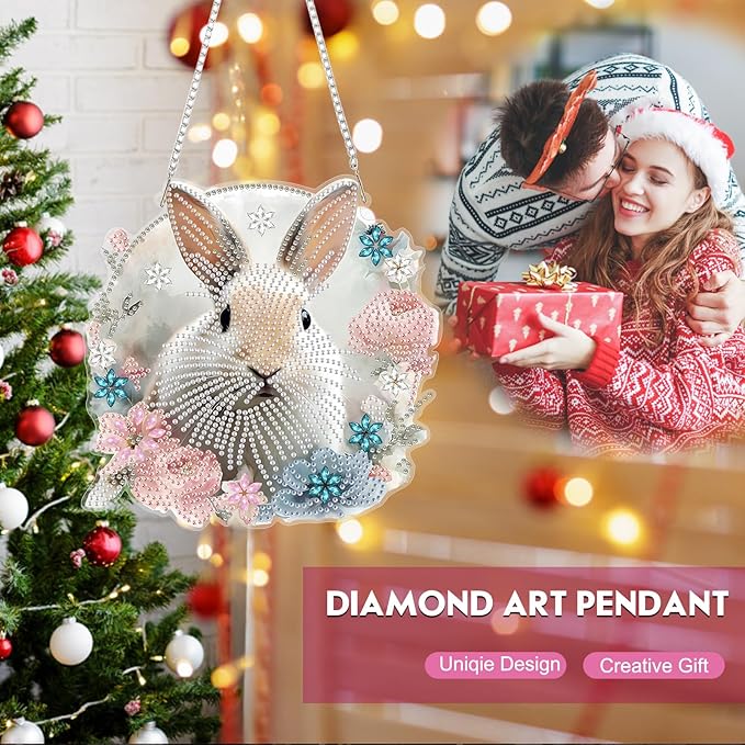 NEWENMO Hanging Diamond Art Kit for Adult, Cute Rabbit, 5D Special Shaped Rhinestone Diamond Painting Ornament, Bunny Easter, DIY Acrylic Diamond Art Painting Window Pendants Home Garden Wall Decor