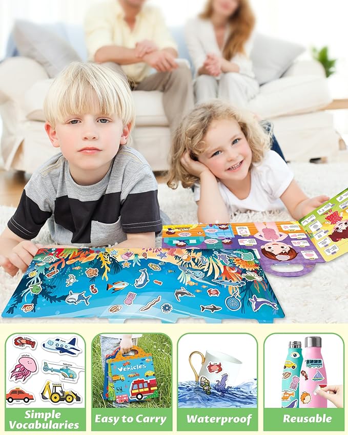 walenced reusable sticker book for toddlers, stickers for kids, toddler sticker book, toddler craft activities, toddler travel toys ages 3 and up boy girl birthday gifts