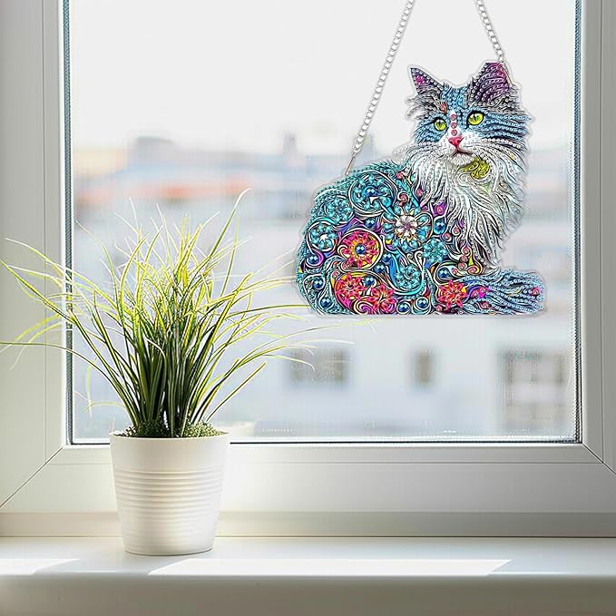 SENQAO Cat Hanging Diamond Art Painting Kits for Adults Beginners, 5D Special Shape Diamond Art Kits, Cat Crystal Rhinestones Diamond Gem Art Painting for Home Garden Wall Decor