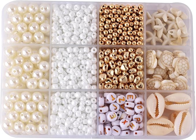 Assorted Beads for Jewelry Making DIY Crafts Bracelet Making Kit with Natural Shells, White Color Turquoise Turtles Starfish Beads for Summer Beach Bracelet Necklace for Women(1000pcs 8 Styles)