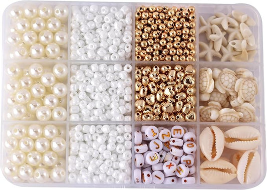 Assorted Beads for Jewelry Making DIY Crafts Bracelet Making Kit with Natural Shells, White Color Turquoise Turtles Starfish Beads for Summer Beach Bracelet Necklace for Women(1000pcs 8 Styles)