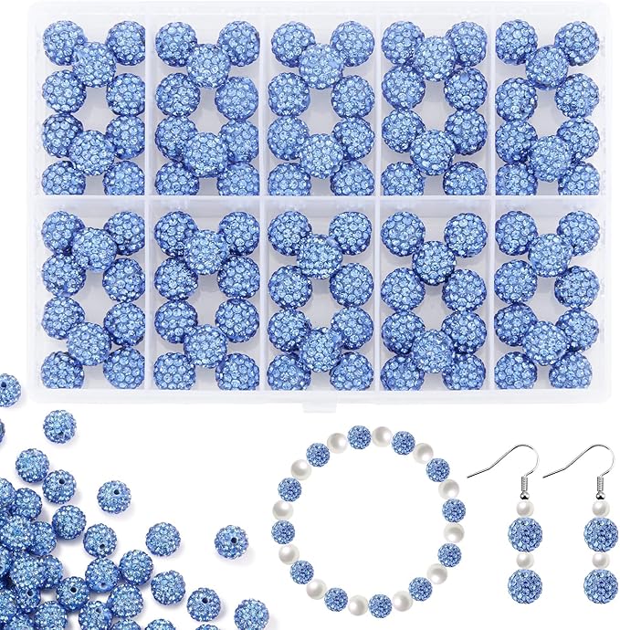 100Pcs 10mm Light Blue Rhinestone Beads for Jewelry Making, Shiny Round Disco Ball Sparkly Beads Bulk with 10-Grid Storage Box for DIY Baseball Necklaces Shamballa Bracelets