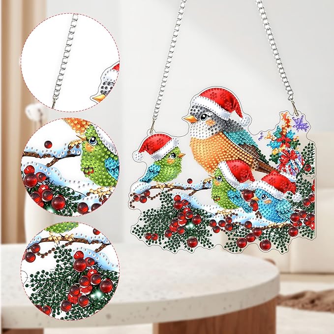 QENSPE Christmas Birds Diamond Art Hanging Kits for Adults with Chain, 5D Special Shape Berries Diamond Paingting Ornaments Kits,Easy DIY Crystal Pendant Gem Art for Home Garden Wall Decor 8X8 inch
