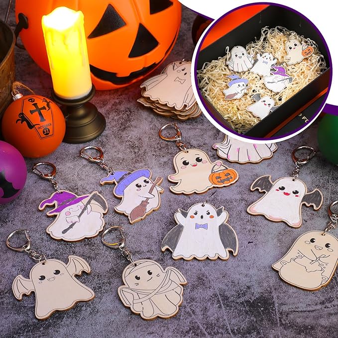 Trnayi 36 Pcs Halloween Ghost Unfinished Wooden Craft Keychains Color Your Own Ghost Keychains DIY Blank Wood Painting DIY Crafts for Halloween Gifts Home Decor