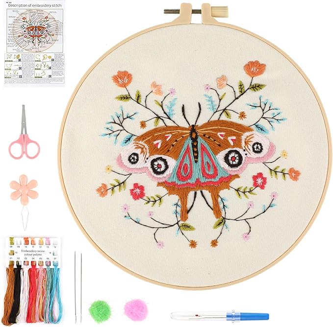 JOINRUN Embroidery Starter Kit for Beginners Adults: DIY Butterfly Cross Stitch Kit for Craft Lover Learn Hand Stitch, Includes Stamped Pattern,Hoop, Easy to Follow Instruction and Video