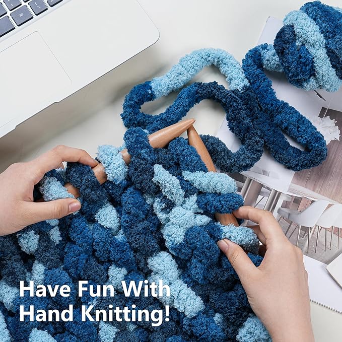 Chunky Yarn for Hand Knitting - #10 Chunky Chenille Blanket Yarn, Jumbo Big Thick Chunky Yarns for Crocheting, Tie Dye Bulky Knit Yarns, 8 Skein (25 yds 8 oz Each Skein), Navy & Multi Blue