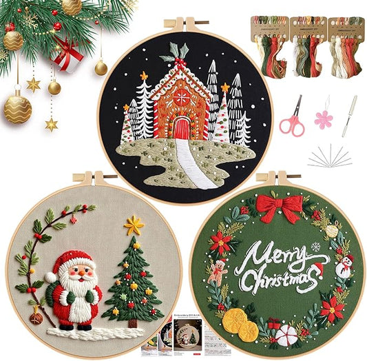 Meyocky Christmas Embroidery Kit, 3 Set Beginner Embroidery Kit for Adults Starter,Cross Stitch Kits Hand Needlepoint DIY Christmas Craft with Pattern Hoop Needles Threads Tools 7.8 Inch