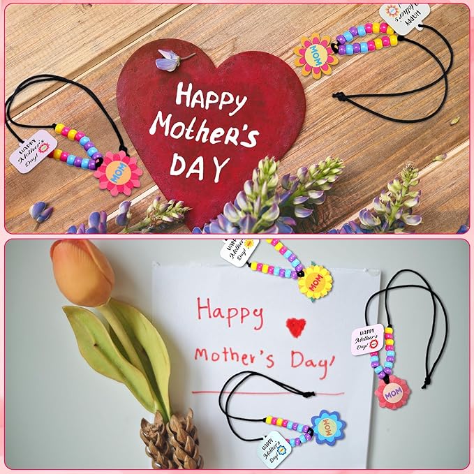 Ferreve 24 Sets Mother's Day Beads Necklace Crafts Kit Mother's Day Gifts DIY Mom Wooden Flowers Necklace Kits Bulk Make Your Own Mom Gifts for Family Classroom Making Party Favors