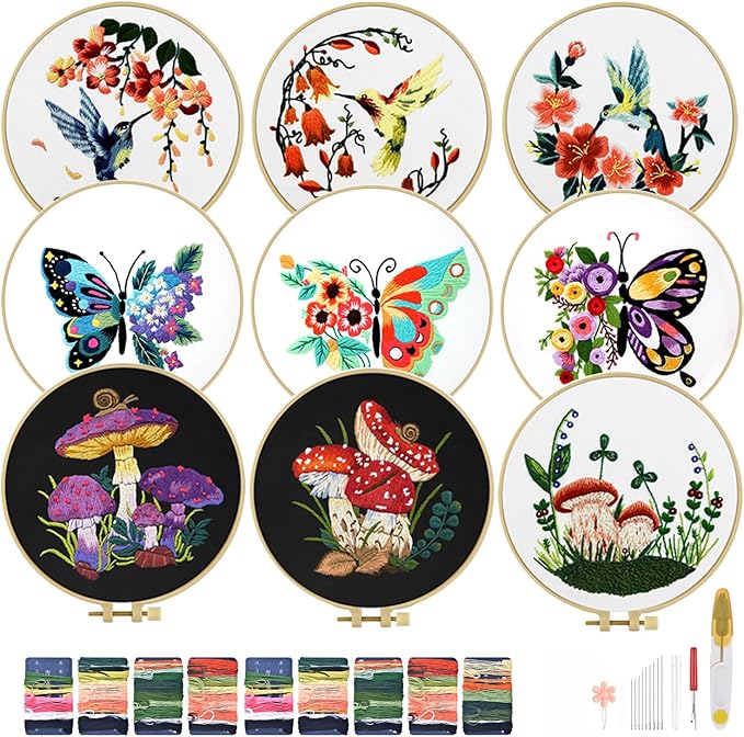 TINDTOP Embroidery Kit for Adult for Beginners, 9 Sets Hummingbird Butterfly Mushroom Flower Embroidery Kit for Beginners Include Embroidery Cloth Hoop Threads with Embroidery Skill Techniques