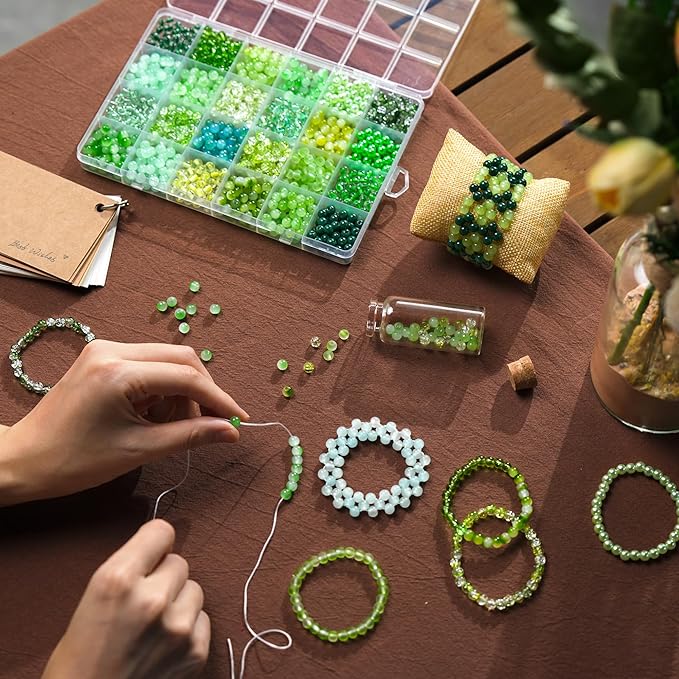 1200PCS Green Glass Beads for Bracelets, 24 Colors 6mm Crystal Beads Bracelets Making Kit and Jewelry Making, Round Green Nature Series Beads for Friendship Bracelets Earring Necklace DIY Crafts