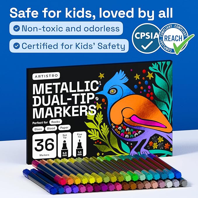 ARTISTRO 36 Metallic Acrylic Paint Markers for Rock, Fabric, Wood, Glass, Eggs - Dual-Tip Paint Pens for Coloring Books for Adults, Teens - Art & Craft Supplies - Gift Idea - Easter Basket Stuffers