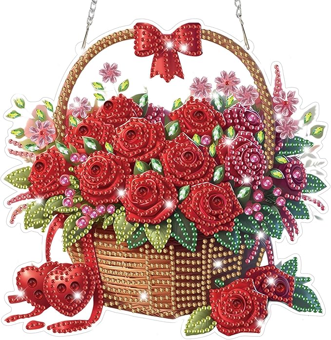 Bowetile Valentine's Day Diamond Art Hanging Kits for Adults, Diamond Art Suncatchers Red Rose Basket, 5D Special Shape Diamond Painting Flower Pendant Window Ornament Gifts for Home Door Wall Decor