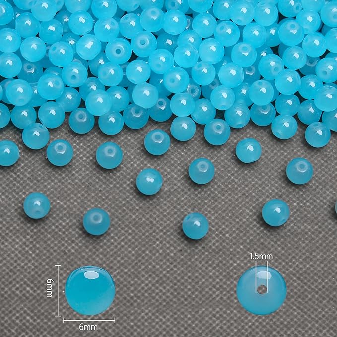 300PCs 6mm Aquamarine Jade Glass Beads Bulk, Round Smooth Hole Glass Crystal Beads for Jewelry Making, DIY Bracelets, Necklaces, Bag Charms, Keychains and Craft Projects