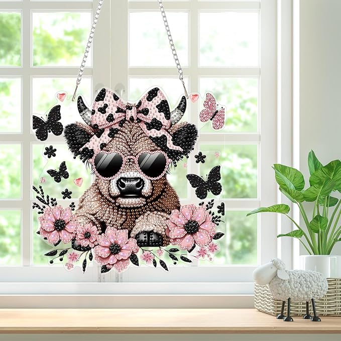 Bowetile Cow Diamond Art Hanging Kits for Adults, Diamond Art Suncatchers Animals, 5D Special Shape Diamond Painting Pendant Window Ornament Gifts for Home Wall Door Garden Decor