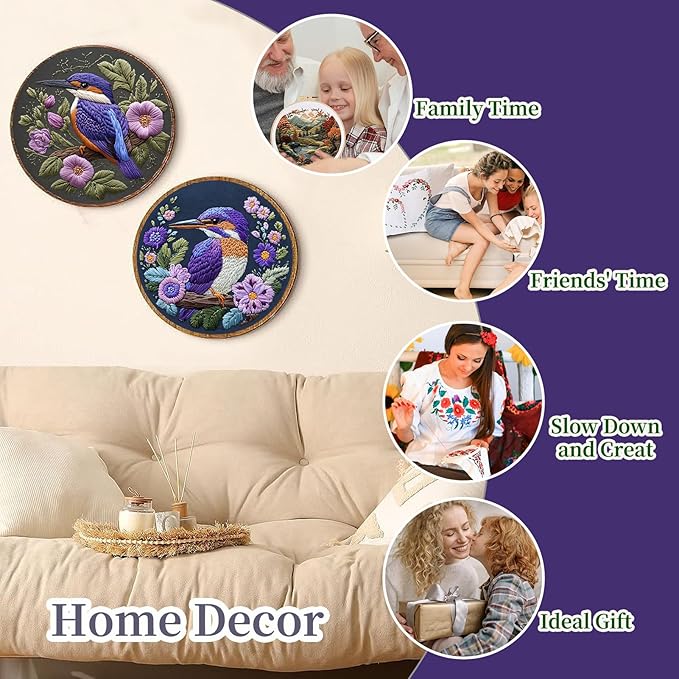fonnuy embroidery kit for beginners, birds with flowers pre-stamped pattern kits for adults with hoop, easy to follow color thread needlework, 8'' hoop (purple 1)